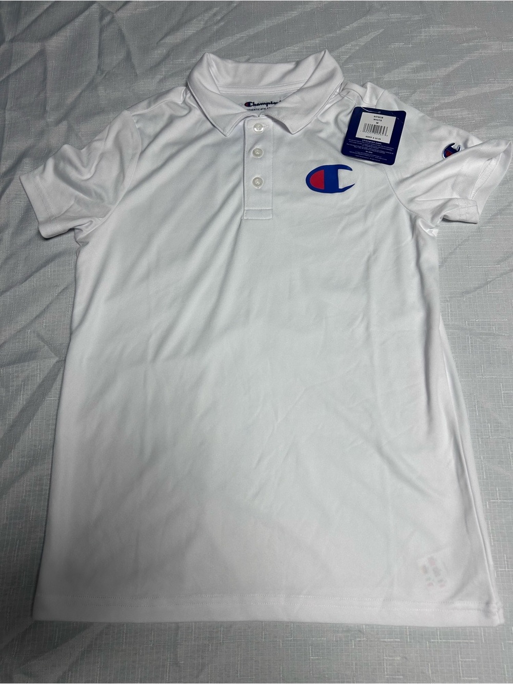 Champion White Athletic Polo with Blue & Red Logo Boy’s Size Medium
